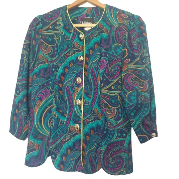 Vintage Whirlaway Frocks 6 P Petite Blouse Paisley Blue Purple Gold Trim Buttons - Picture 1 of 9